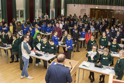 Pupils and their teachers from Bunscoil Bheann Mhadagain, Hazelwood Primary, Holy Rosary Primary, Seaview Primary and Sullivan Upper Prep enjoying the mini-university microbot experience