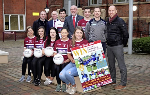 Pictured at the launch of The Irish News coaching days initiative are Ruairi Cunningham (Strathroy), Thomas Hawkins (Irish News Sports Editor), Peter Finn (Principal of St Mary’s University College, Belfast), Gavin McGilly and Paddy Tally (St Mary’s University College) with St Mary’s University student coaches Niamh Morgan, Grainne McAnenly, Aoife Kelly, Colleen McVeigh, Emer Loane, Glenn McKeown and Emmet Loughran.