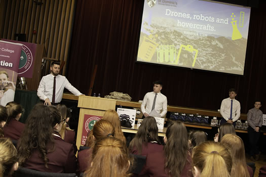 Matthew Larkin and Lukas Arkinson with the group of Year 8 students from St Dominic's Grammar School during the start of the STEM event.