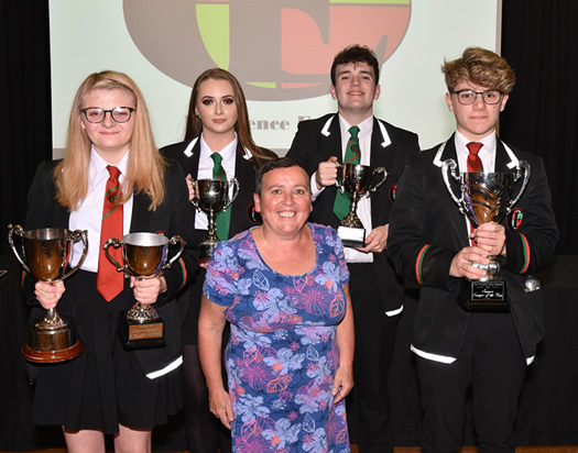 Catherine Gilliland pictured with prize-winning students: Natasha Shaw, Reagan Breen, Odhran Sweeney and Finn Maguire